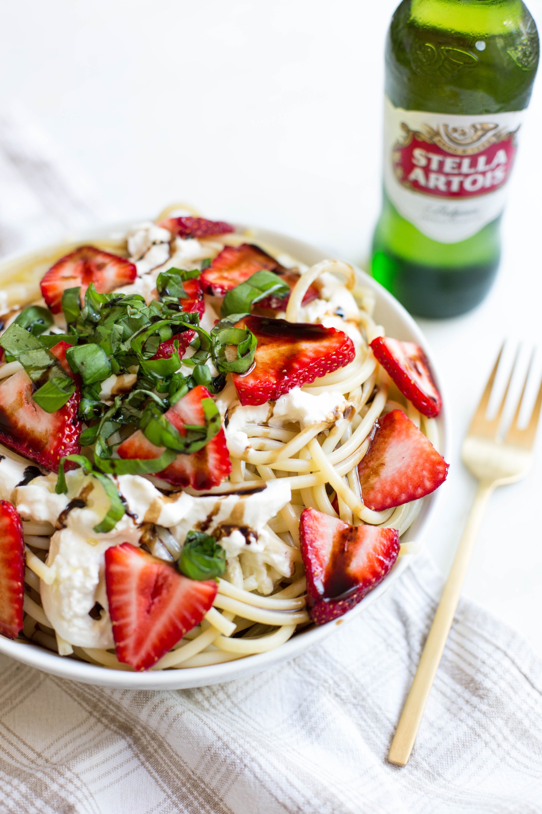 Summer Strawberry Pasta with Balsamic Glaze, Basil and Burrata