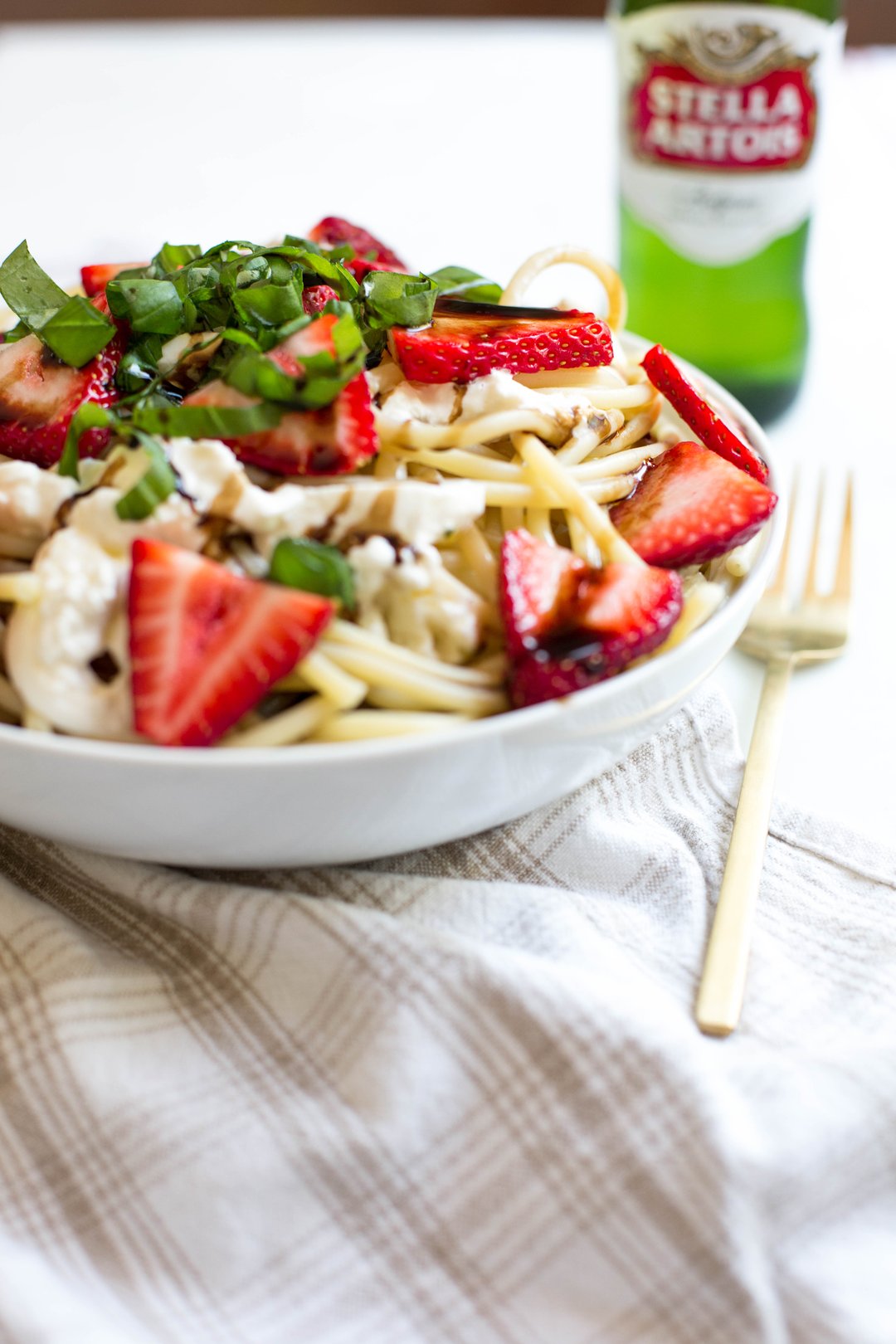 Summer Strawberry Pasta with Balsamic Glaze, Basil and Burrata